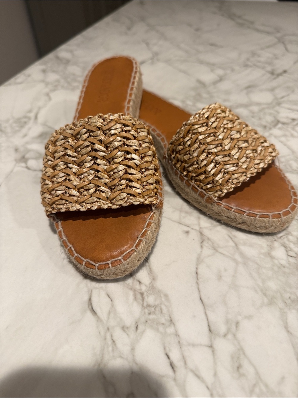 Braided Raffia Slide Mules in Natural Tan